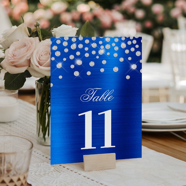 Funkelnd Imitate Silver Diamonds Royal Blue Satin  Tischnummer (Sparkly Faux Silver Diamonds Royal Blue Satin Foil Table Number)