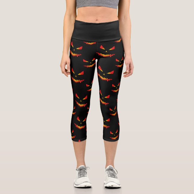 Funkelnd Jack O'Lantern-Gesichtsausschnitt Capri Leggings (Vorderseite)