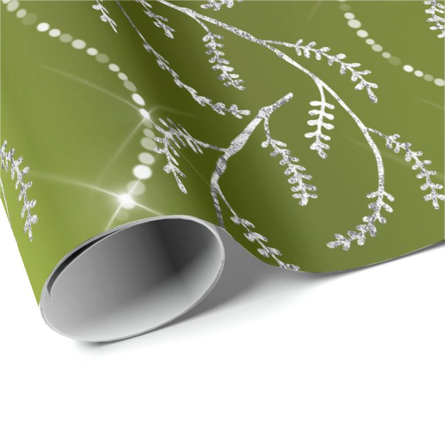 Funkelnd Lemon Green Floral Silver Diamonds Geschenkpapier (Rolleneckpunkt)