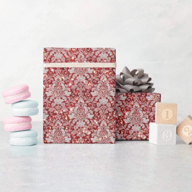 Funkelnd Luxus Damask & Glitzer - Rot Geschenkpapier (Babyparty)