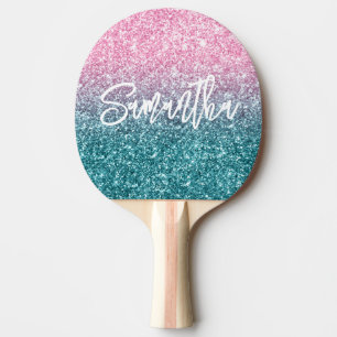 Funkelnd Luxus Light Pink Aquamarin Ombre Glitzer Tischtennis Schläger