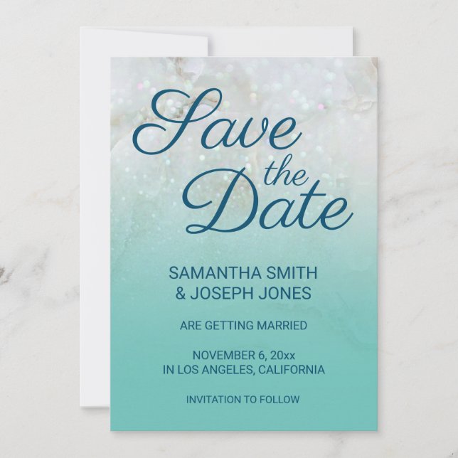 Funkelnd Marble Aquamarin Ombre Save the Date Einladung (Vorderseite)