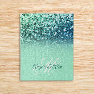 Funkelnd Minze Blue Glitzer Türkis Ombre Monogram Puzzle