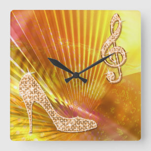 Funkelnd orange Musiknote u. Stilett-Ferse Quadratische Wanduhr