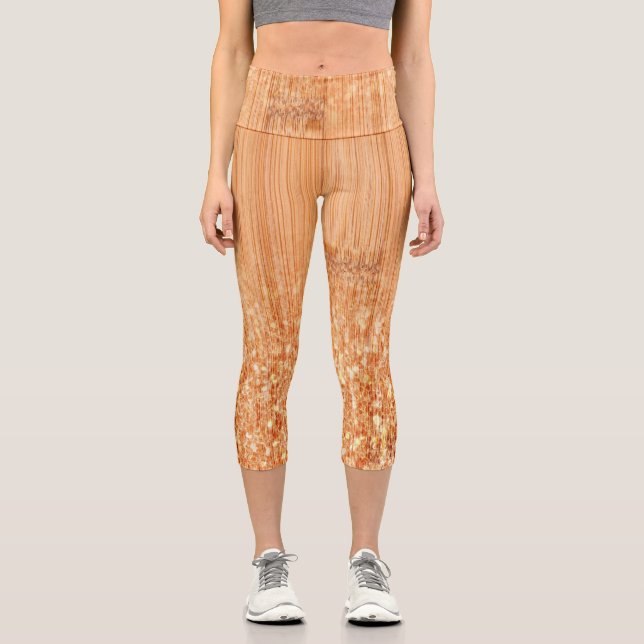Funkelnd orangefarbener Bambusholzprint Capri Leggings (Vorderseite)