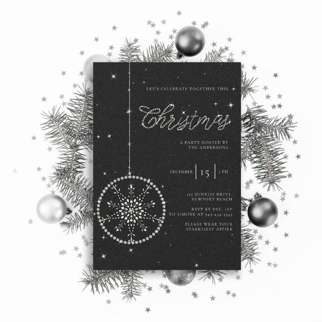 Funkelnd Party Rhinestones Glitzer Weihnachten Einladung (sparkly glitter christmas party invitation rhinestones bauble snowflake formal black white elegant )