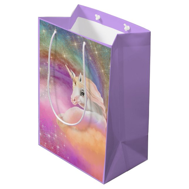 Funkelnd Rainbow Universum Unicorn Fantasy Mittlere Geschenktüte (Rückseite Schrägansicht)