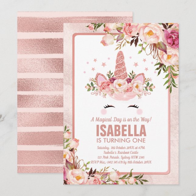 Funkelnd Rose Gold Einhorn / Girly Magical Geburts Einladung (Vorne/Hinten)