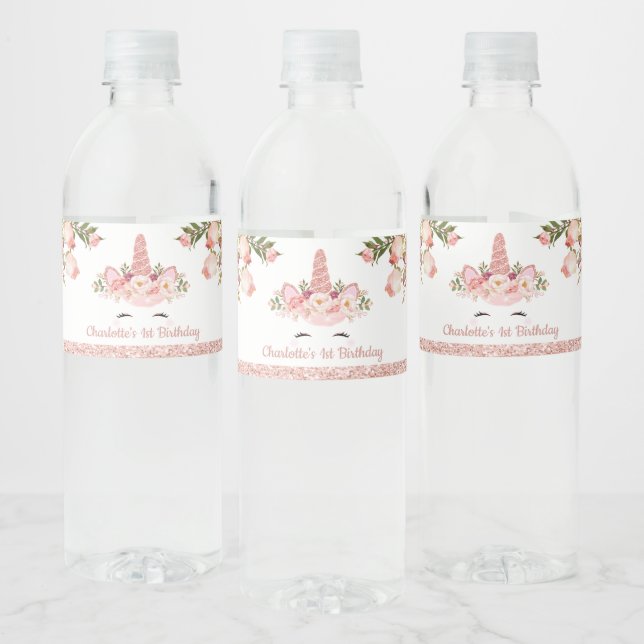 Funkelnd Rose Gold Einhorn / Rosa Wasserfarbe Wasserflaschenetikett (Flaschen)