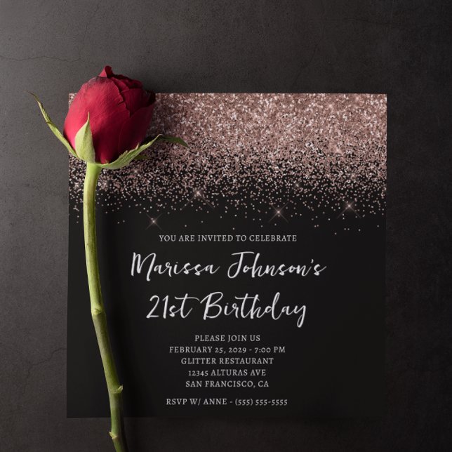Funkelnd Rose Gold Glitzer Black 21. Geburtstag Einladung (Sparkly Rose Gold Glitter Black 21st Birthday Invitation)