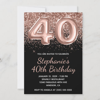 Funkelnd Rose Gold Glitzer Black Number 40 Geburts Einladung