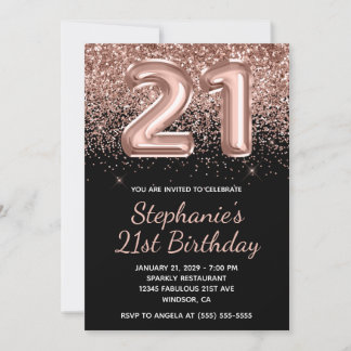 Funkelnd Rose Gold Glitzer Schwarze Nummer 21 Gebu Einladung