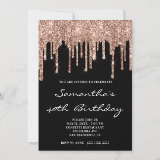 Funkelnd Rose Gold Glitzer Tropfen Black Birthday Einladung