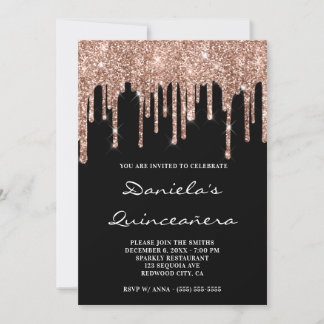Funkelnd Rose Gold Glitzer Tropfen Black Quinceñer Einladung