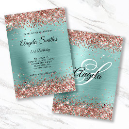 Funkelnd Rose Gold Glitzer Türkis Foil Monogramm Einladung