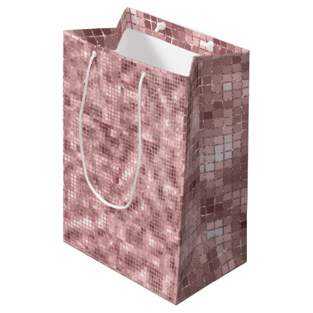 Funkelnd Rose Gold Pink Luxus Sparkle Girl Party Mittlere Geschenktüte (Vorderseite Schrägansicht)