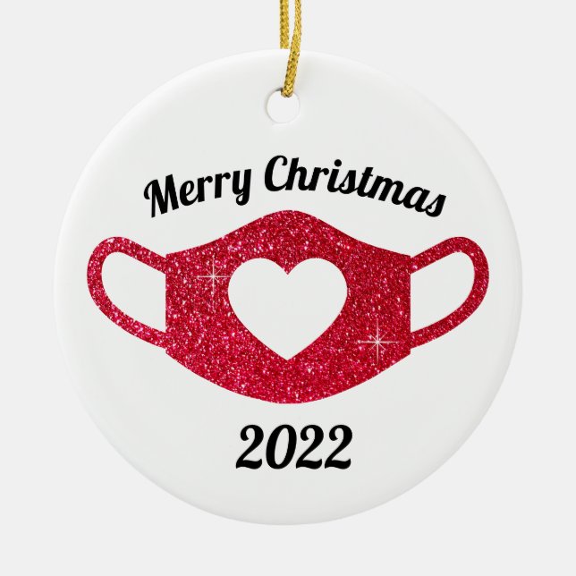 Funkelnd Roter Glitzer Herzmaske 2020 Keramik Ornament (Vorne)
