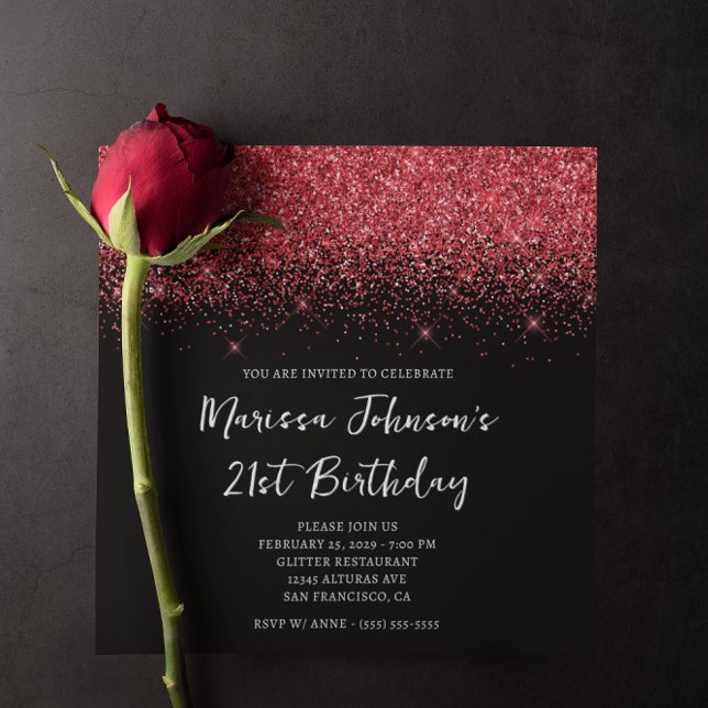 Funkelnd Roter Glitzer Schwarz 21. Geburtstag Einladung (Sparkly Red Glitter Black 21st Birthday Invitation)