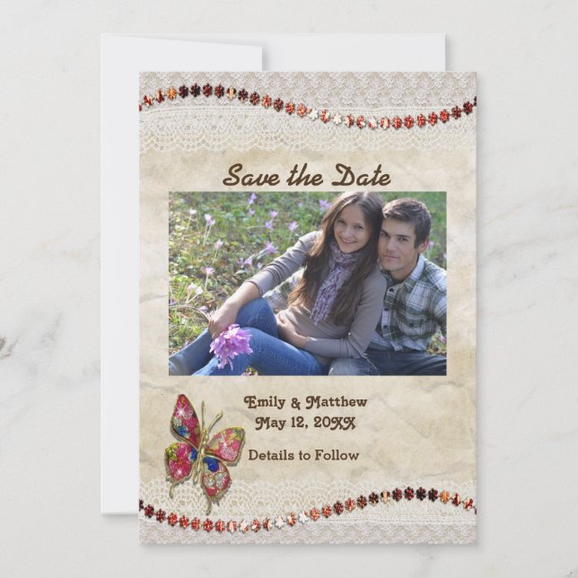 Funkelnd Schmetterling, Spitzen und Pergament Save The Date (Vorderseite)
