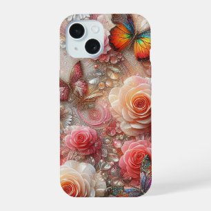 Funkelnd Schmetterlinge und Rose iPhone 15 Hülle