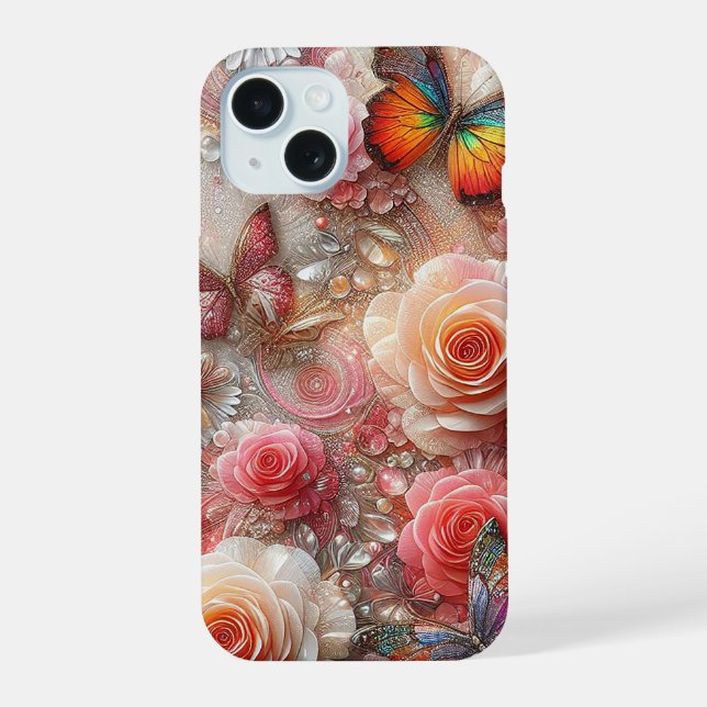 Funkelnd Schmetterlinge und Rose iPhone 15 Hülle (Rückseite)