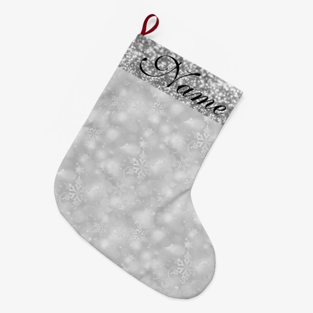 Funkelnd Schneeflocken, Silver & Silver Glitzer - Großer Weihnachtsstrumpf (Vorderansicht (hängend))