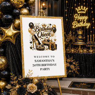 Funkelnd schwarze Gold-Geburtstags-Königin-Party-W Poster
