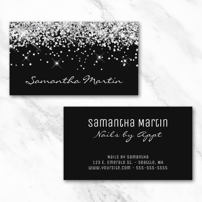 Funkelnd Silber-Glitzer auf Schwarz Visitenkarte (Sparkly Silver Glitter on Black Business Card)