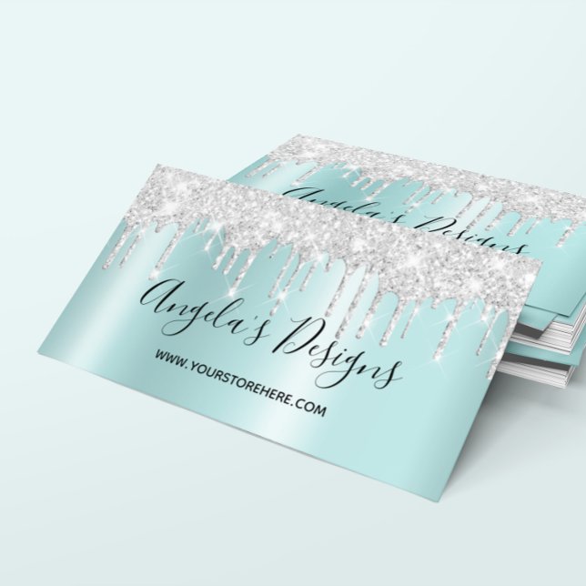 Funkelnd Silber Glitzer Tropfen Licht Türkis Ombre Visitenkarte (Sparkly Silver Glitter Drips Light Turquoise Ombre Business Card)
