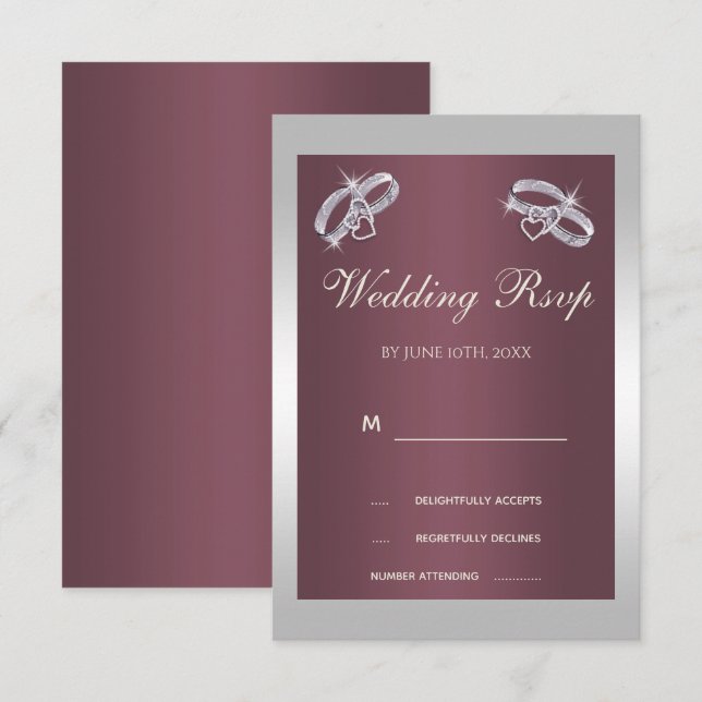 Funkelnd Silber Rings & Burgandy RSVP Karte (Vorne/Hinten)