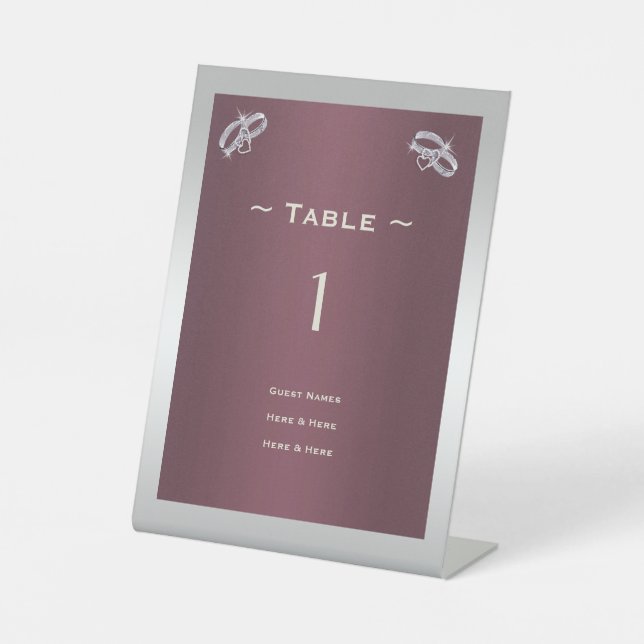 Funkelnd Silber Rings & Burgandy Tischnummer Sockelschild (Vorderseite)