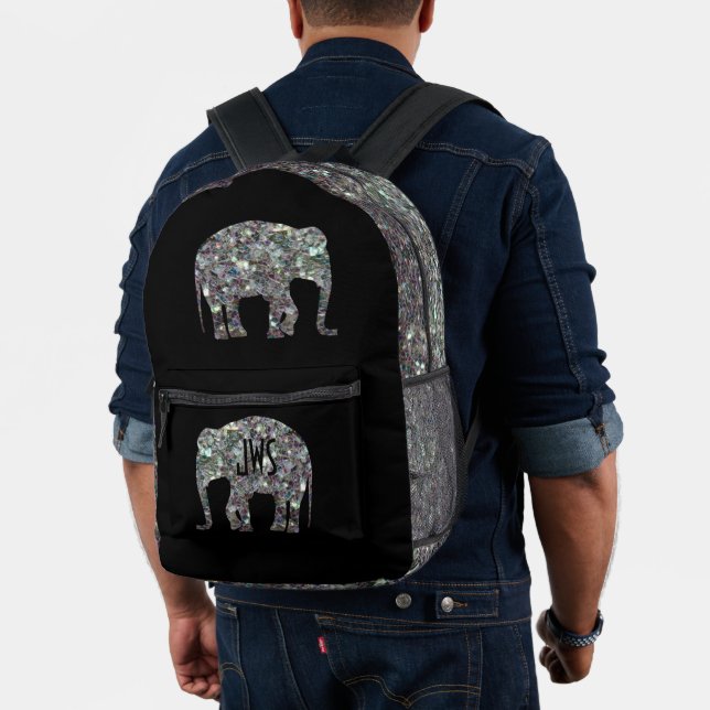 Funkelnd Silbermosaik Elephant Monogram auf schwar Bedruckter Rucksack (Insitu (Modell))