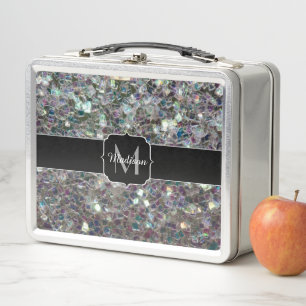Funkelnd Silbermosaik Monogramm Metall Lunch Box
