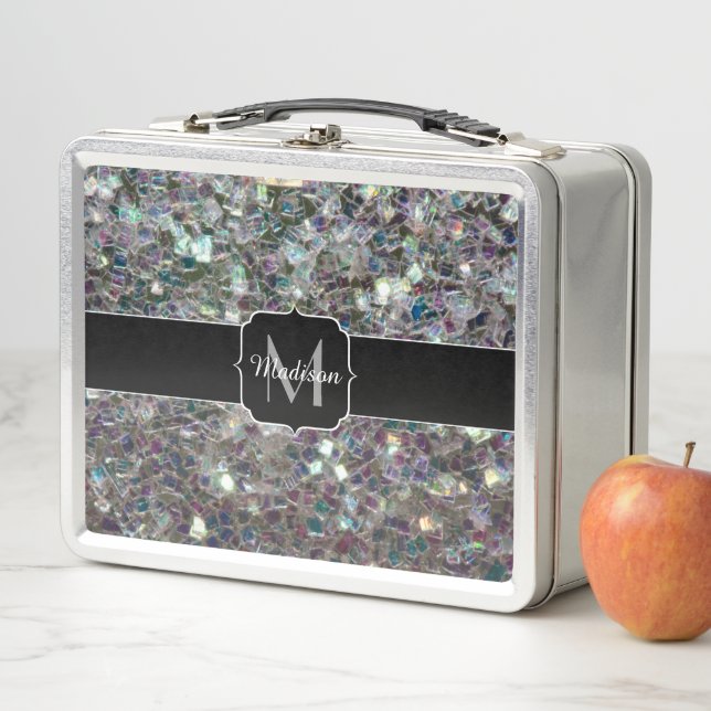 Funkelnd Silbermosaik Monogramm Metall Lunch Box (Beispiel)