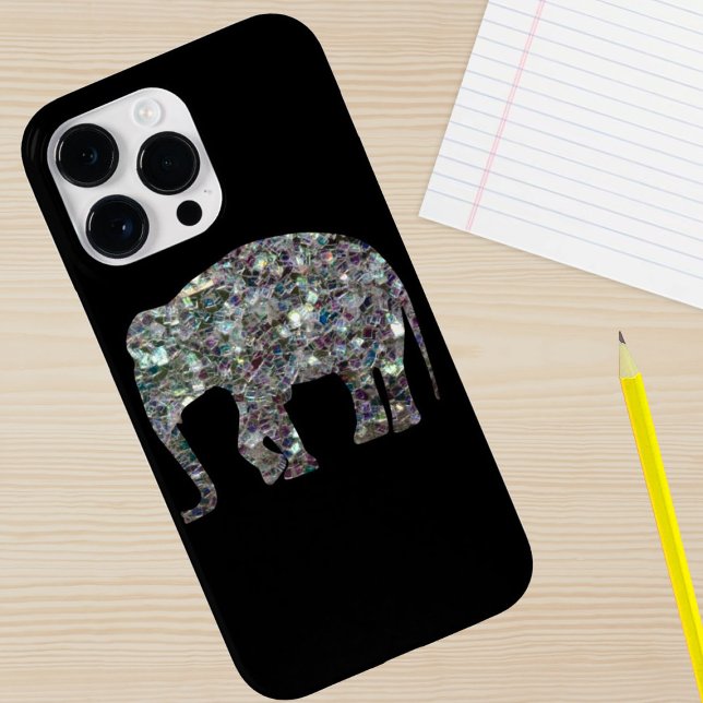 Funkelnd silberne Mosaikfigur Elefant auf schwarz Case-Mate iPhone Hülle (Sparkle up and protect your phone with trendy faux sparkles phone case. In any color you choose.)