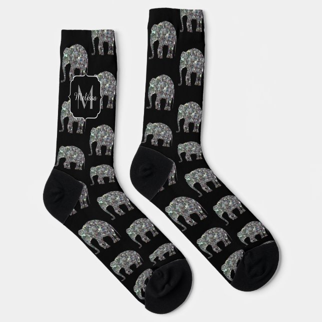 Funkelnd silberner Glitzer Elephantenmuster Monogr Socken (Rechts)
