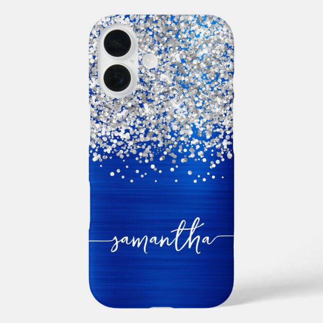 Funkelnd Silberner Glitzer Royal Blue Glam Name Case-Mate iPhone Hülle (Rückseite)
