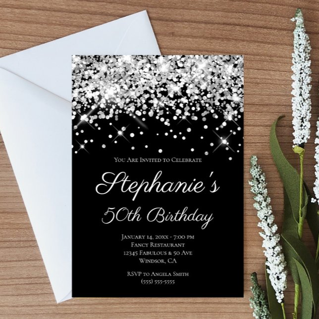 Funkelnd Silberner Glitzer Schwarz Elegant 50. Geb Einladung (Create your own silvery faux glitter and black birthday invitatoin.)