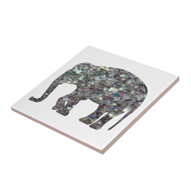 Funkelnd silberner Mosaik-Glitzer Elephant auf Wei Fliese (Seite)