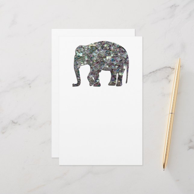 Funkelnd silberner Mosaik-Glitzer Elephant Briefpapier (Vorderseite/Rückseite Beispiel)