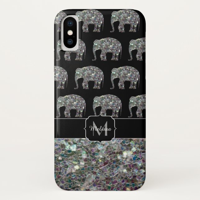 Funkelnd silberner Mosaik-Glitzer Elephant Monogra Case-Mate iPhone Hülle (Rückseite)