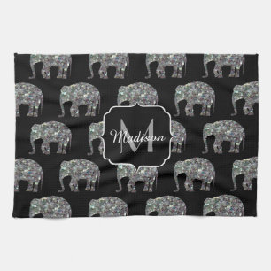 Funkelnd silberner Mosaik-Glitzer Elephant Monogra Handtuch