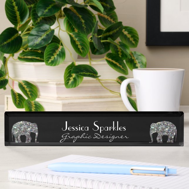 Funkelnd silberner Mosaik-Glitzer Elephant Namensplakette