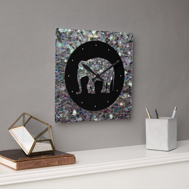 Funkelnd silberner Mosaik-Glitzer Elephant Quadratische Wanduhr (Büro)