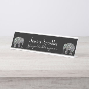 Funkelnd silberner Mosaik-Glitzer Elephant Schreibtischnamensplakette