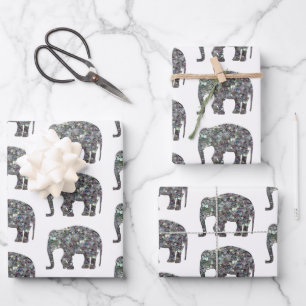 Funkelnd silbernes Mosaikmuster auf weißem Elefant Geschenkpapier Set