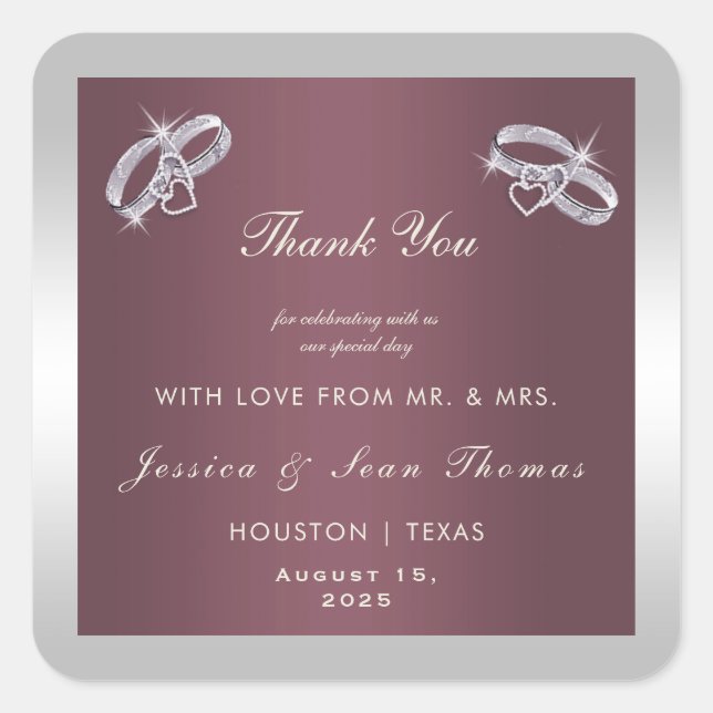 Funkelnd Silberringe und Burgandy-Hochzeit Quadratischer Aufkleber (Vorderseite)