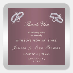 Funkelnd Silberringe und Burgandy-Hochzeit Quadratischer Aufkleber