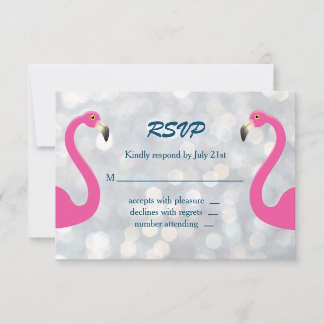 Funkelnd Silver Flamingo Wedding RSVP (Vorderseite)