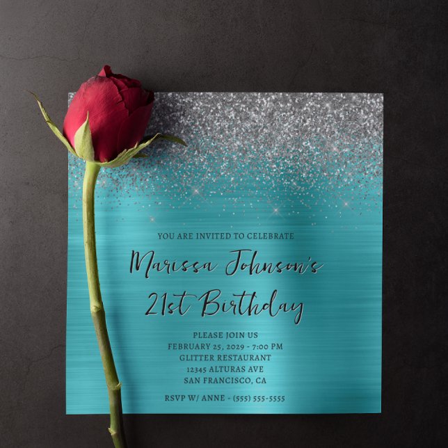Funkelnd Silver Glitzer Aqua Blue 21. Geburtstag Einladung (Sparkly Silver Glitter Aqua Blue 21st Birthday Invitation)